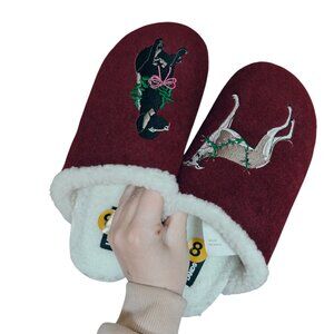 Lands End Holiday Dog Burgundy Felt Sherpa Lined Slippers 8